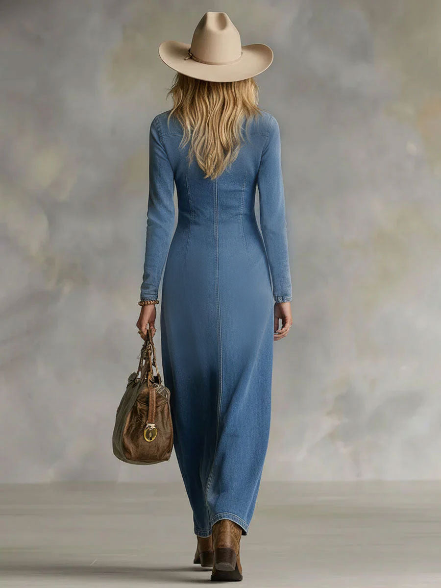Susi - Maxikleid Western für den Alltag aus Jeansstoff mit V-Ausschnitt und Schlitz