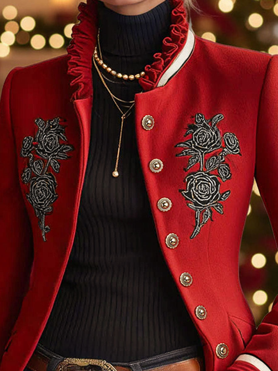 Mia - Jacke aus Leinen Blumenmuster mit Volants und Kragen bestickt