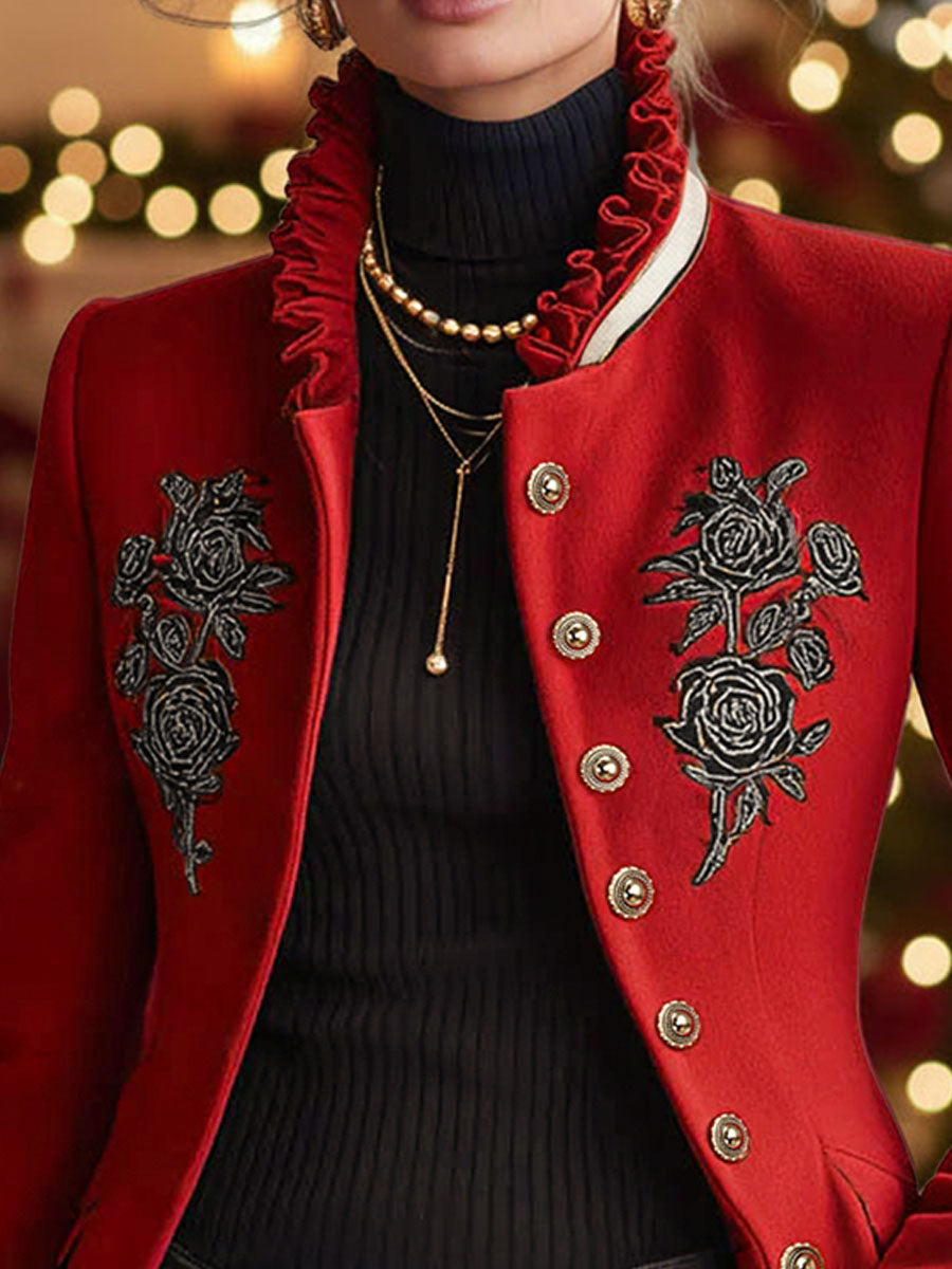 Mia - Jacke aus Leinen Blumenmuster mit Volants und Kragen bestickt