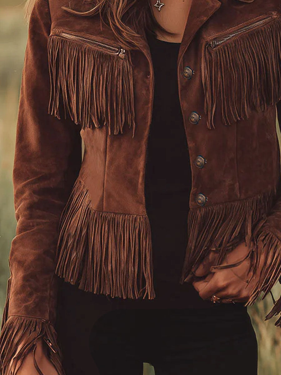 Philippa - Jacke Western im Retro-Stil aus Kunstwildleder mit Reißverschluss und Fransen