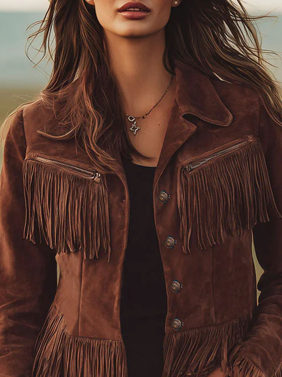 Philippa - Jacke Western im Retro-Stil aus Kunstwildleder mit Reißverschluss und Fransen