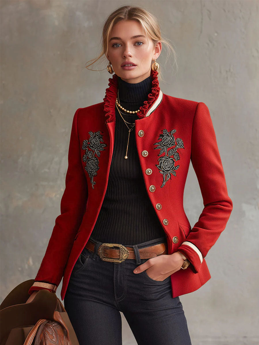 Mia - Jacke aus Leinen Blumenmuster mit Volants und Kragen bestickt