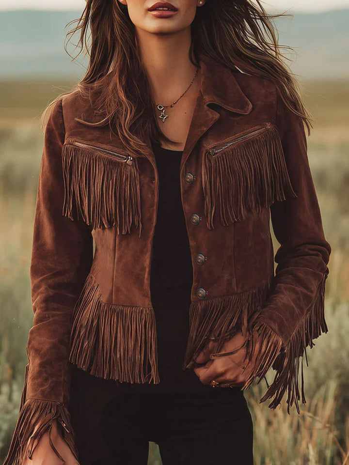 Philippa - Jacke Western im Retro-Stil aus Kunstwildleder mit Reißverschluss und Fransen