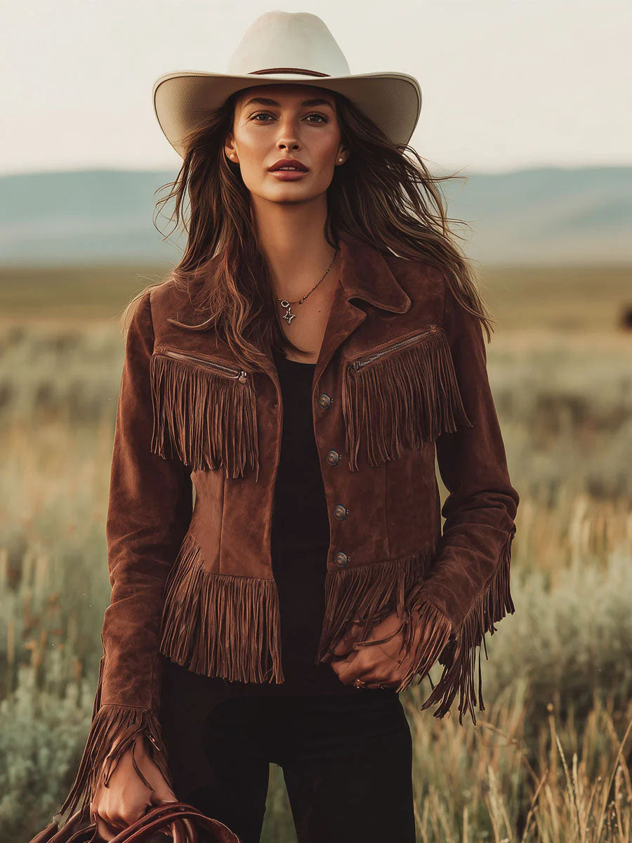 Philippa - Jacke Western im Retro-Stil aus Kunstwildleder mit Reißverschluss und Fransen