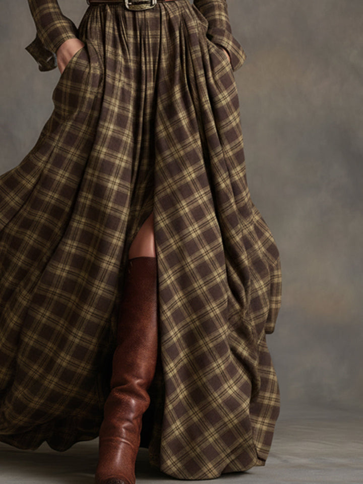 Anke - Maxikleid Western im Retro-Stil aus Leinen kariert mit Kragen