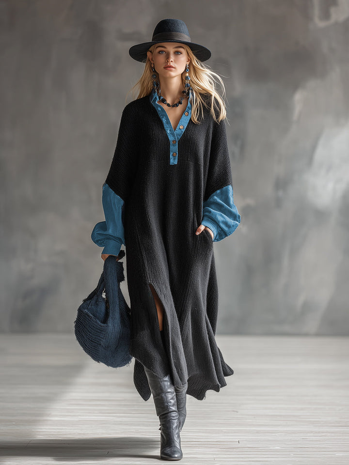 Margot - Maxikleid lässig aus Jeansstoff im Farbblock-Design mit V-Ausschnitt