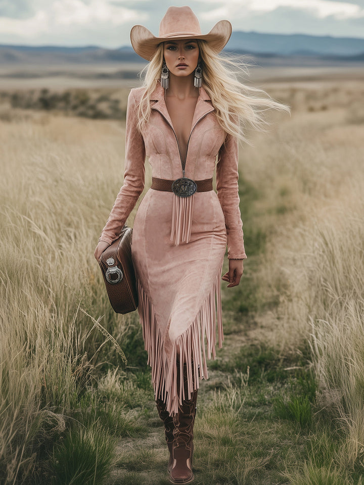 Karolina - Midikleid Western im Retro-Stil aus Kunstwildleder mit Fransen und V-Ausschnitt