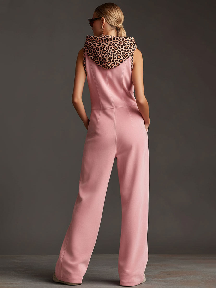 Marga - Overall Western im Retro-Stil aus Kunstwildleder Leopardenmuster mit Reißverschluss und Kapuze ärmellos