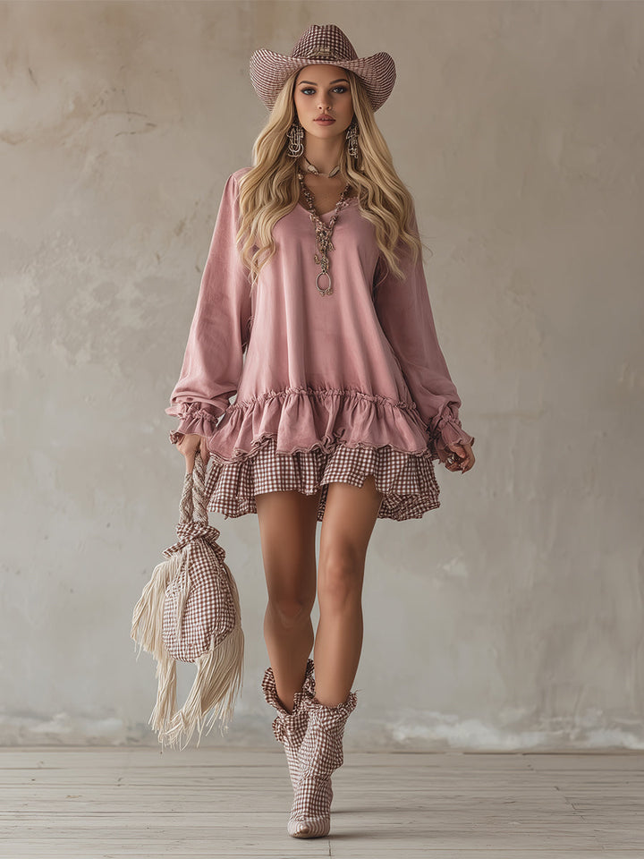 Rafaela - Minikleid sportlich im Retro-Stil aus technischem Gewebe kariert mit Volants und V-Ausschnitt