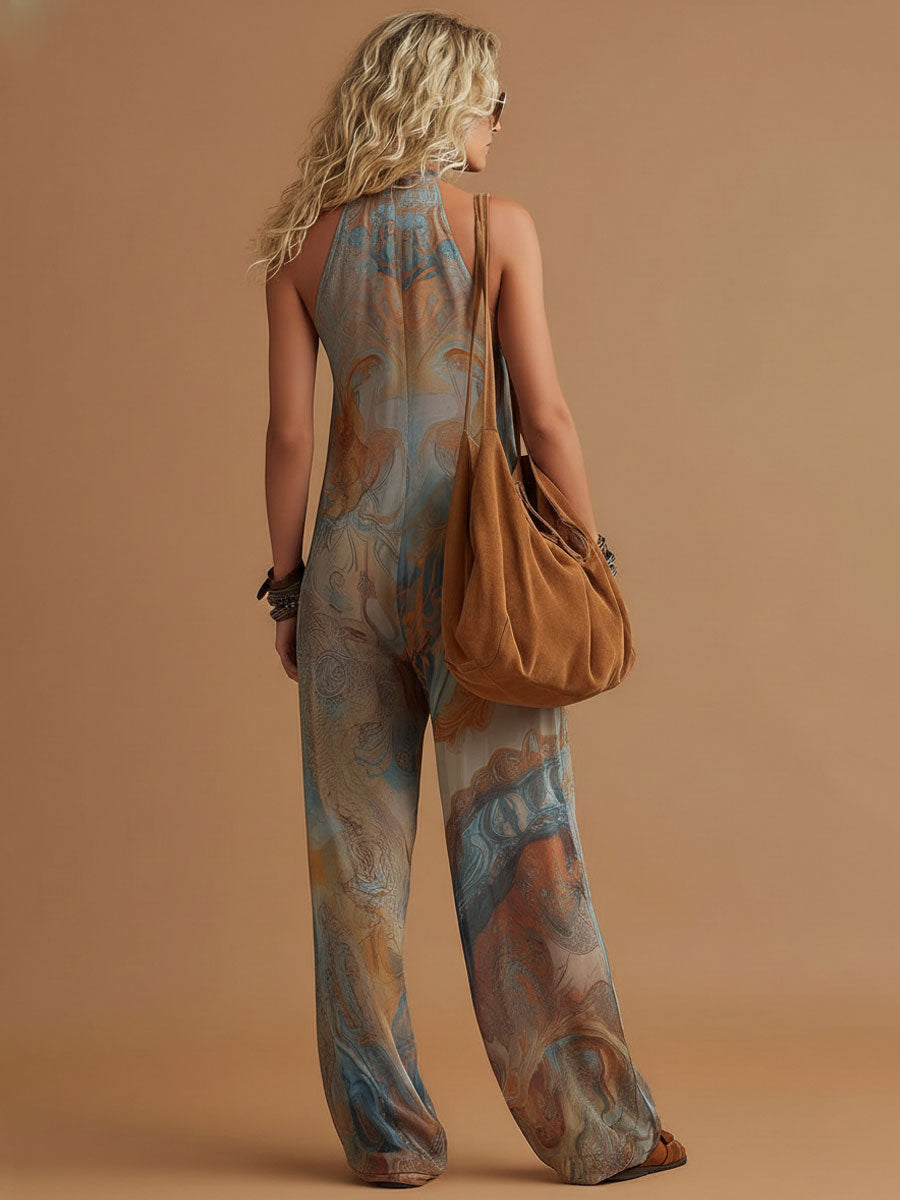 Aurelia - Overall Western im Retro-Stil aus Chiffon abstrakt mit V-Ausschnitt und ärmellosem Schnitt