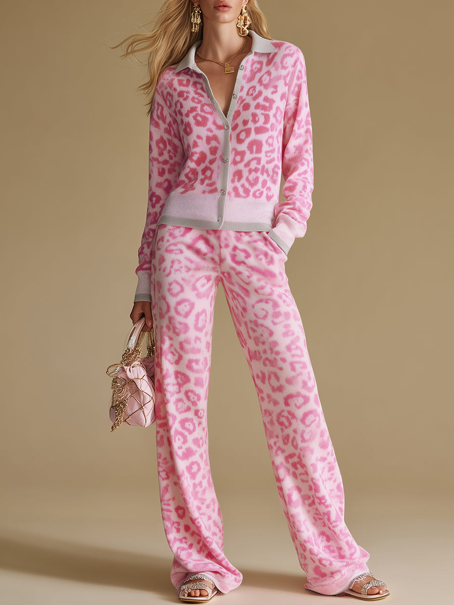Vera - Elegantes Hosen-Ensemble im Retro-Stil aus Strick Leopardenmuster mit Kragen