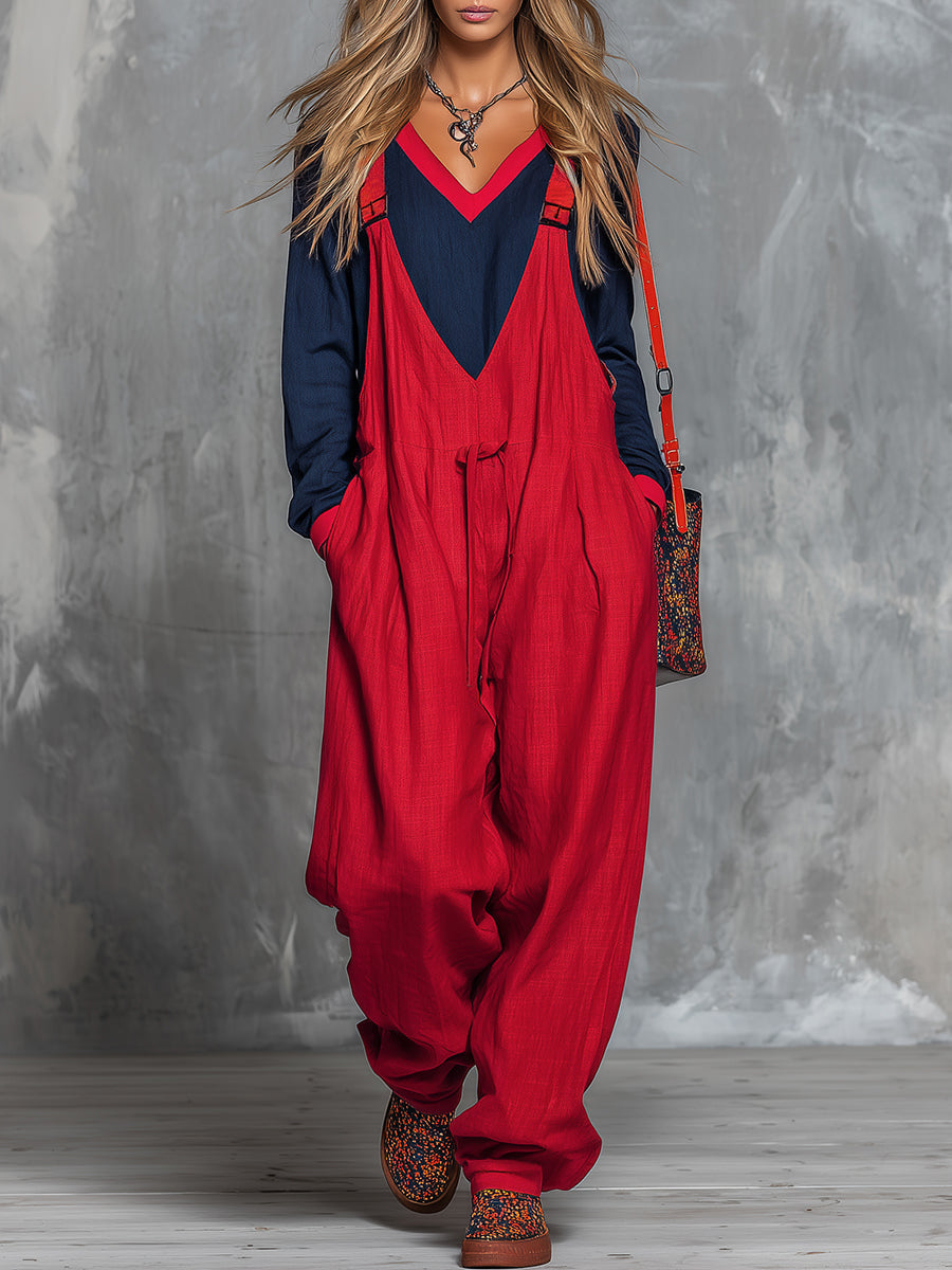 Christina - Hosen-Ensemble Western im Retro-Stil aus Leinen im Farbblock-Design mit V-Ausschnitt