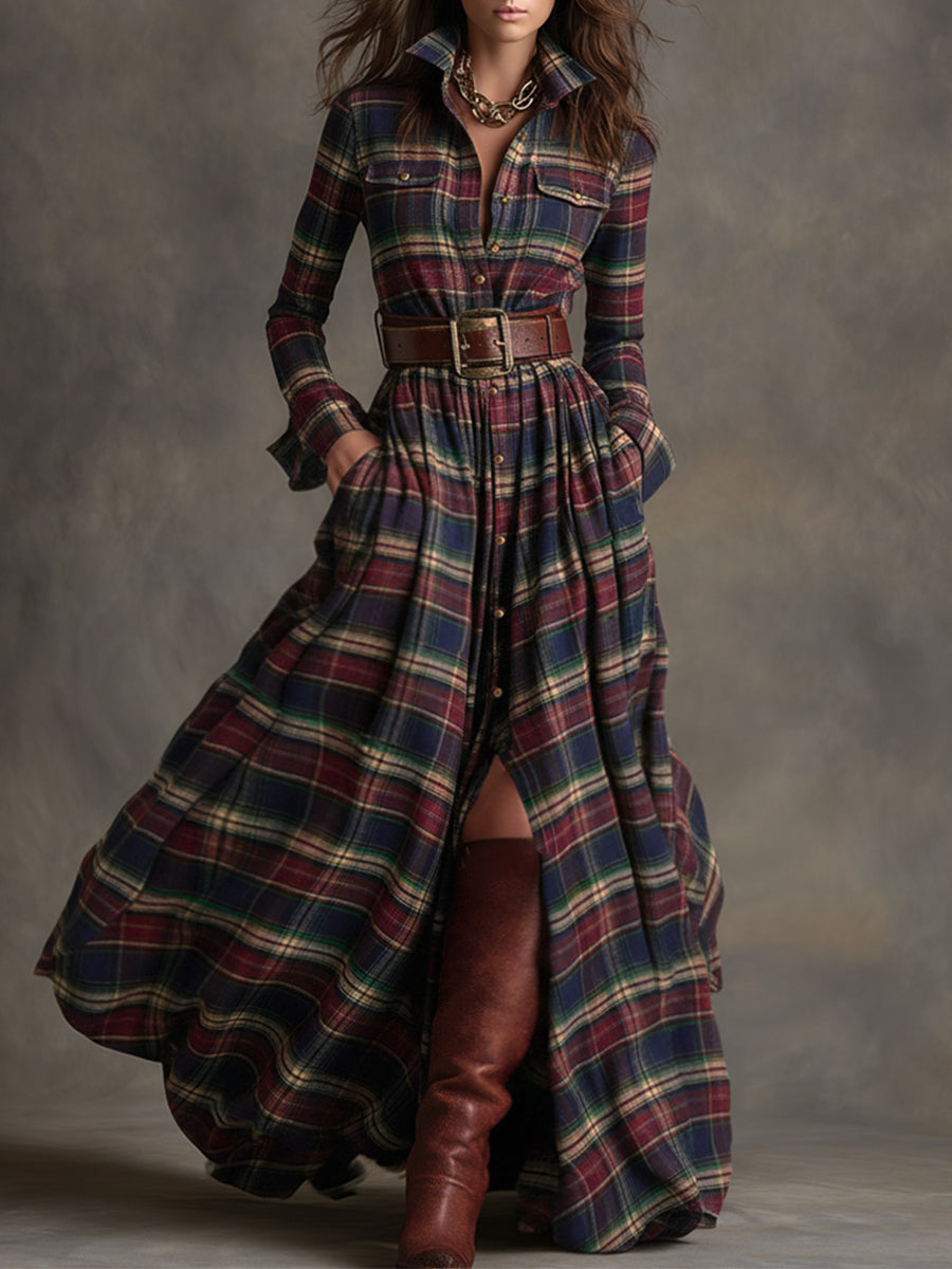 Anke - Maxikleid Western im Retro-Stil aus Leinen kariert mit Kragen