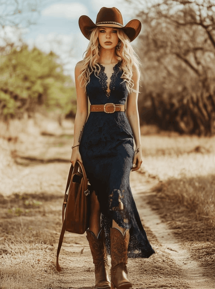 Liselotte - Midikleid Western im Retro-Stil aus Spitze mit V-Ausschnitt und Einsätze aus Spitze ärmellos