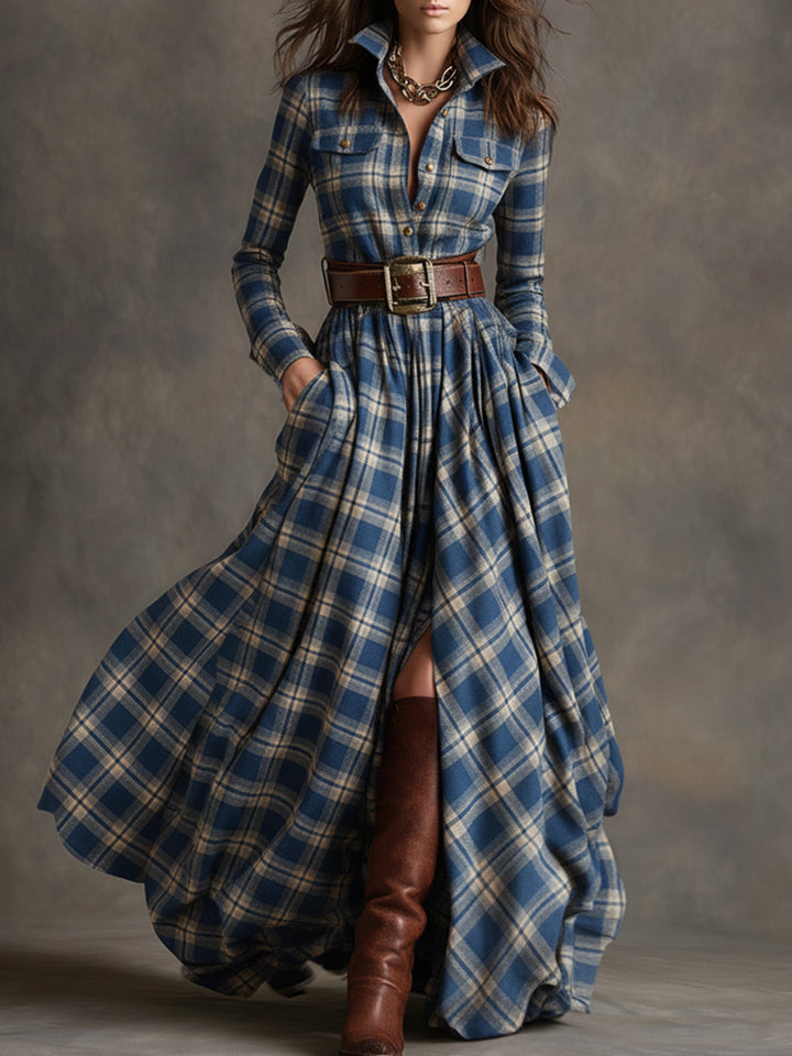 Anke - Maxikleid Western im Retro-Stil aus Leinen kariert mit Kragen