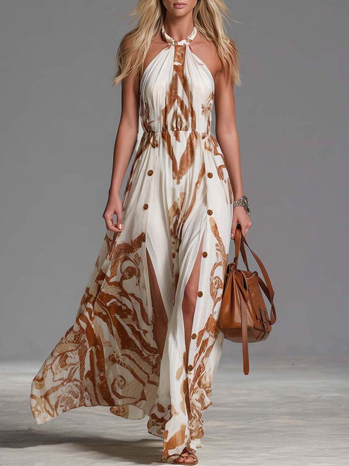 Maike - Maxikleid Western im Retro-Stil aus Chiffon abstrakt mit Schlitz und schulterfrei und ärmellos