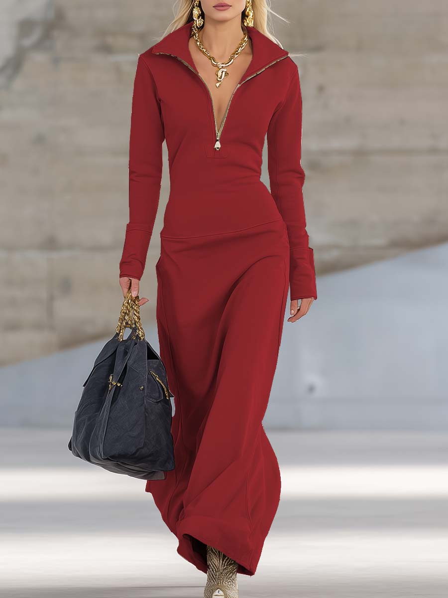 Erika - Elegantes Maxikleid Retro aus technischem Gewebe mit Reißverschluss und V-Ausschnitt