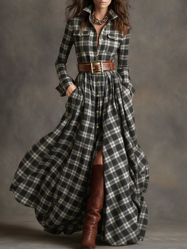 Anke - Maxikleid Western im Retro-Stil aus Leinen kariert mit Kragen