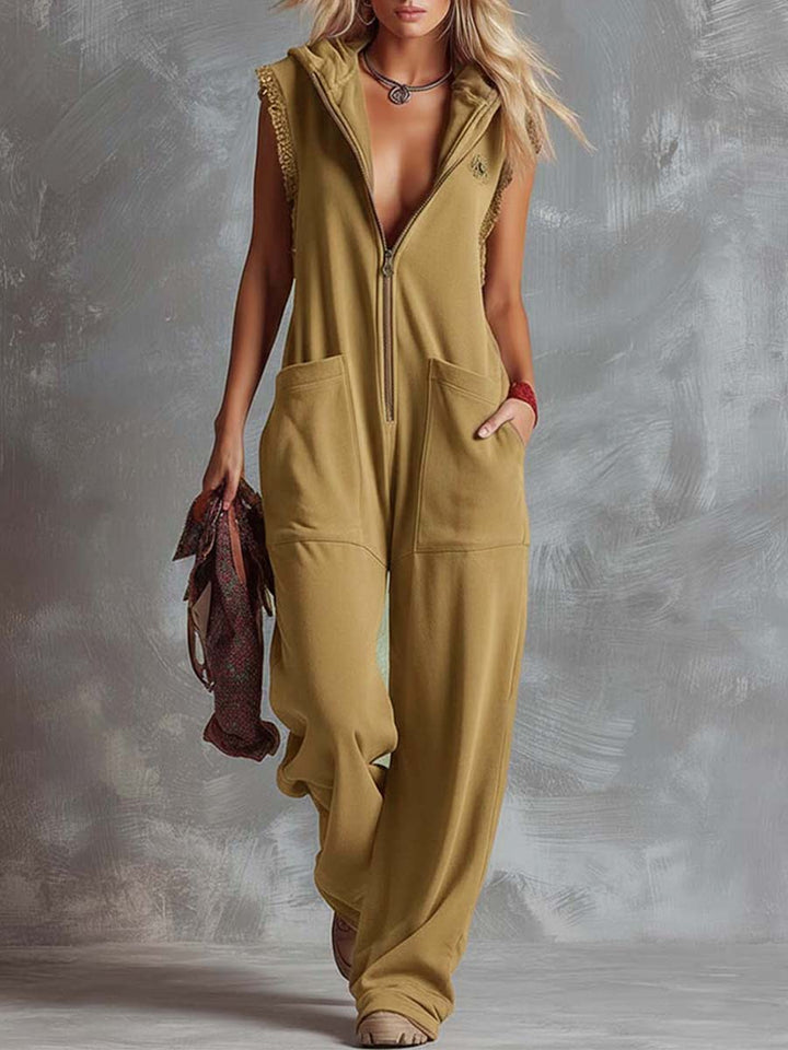 Ursula - Overall Western im Retro-Stil aus technischem Gewebe mit Reißverschluss und V-Ausschnitt und ärmellosem Schnitt mit Linie feminin