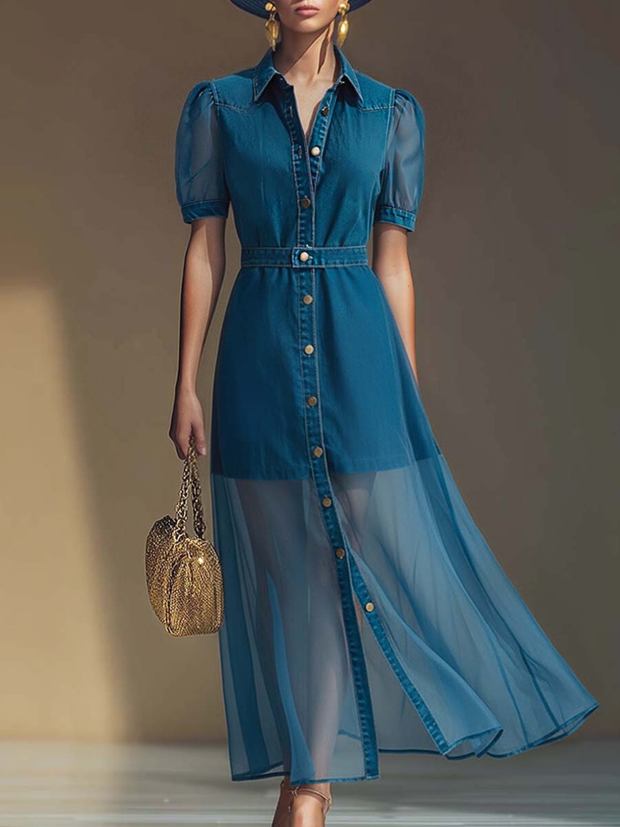 Mechthild - Maxikleid Western im Retro-Stil aus Jeansstoff mit V-Ausschnitt und Knöpfen mit Linie feminin