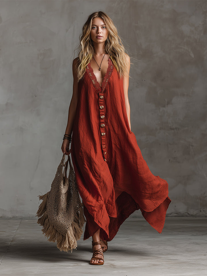 Marlies - Maxikleid Western im Retro-Stil aus Leinen mit V-Ausschnitt und Einsätze aus Spitze ärmellos