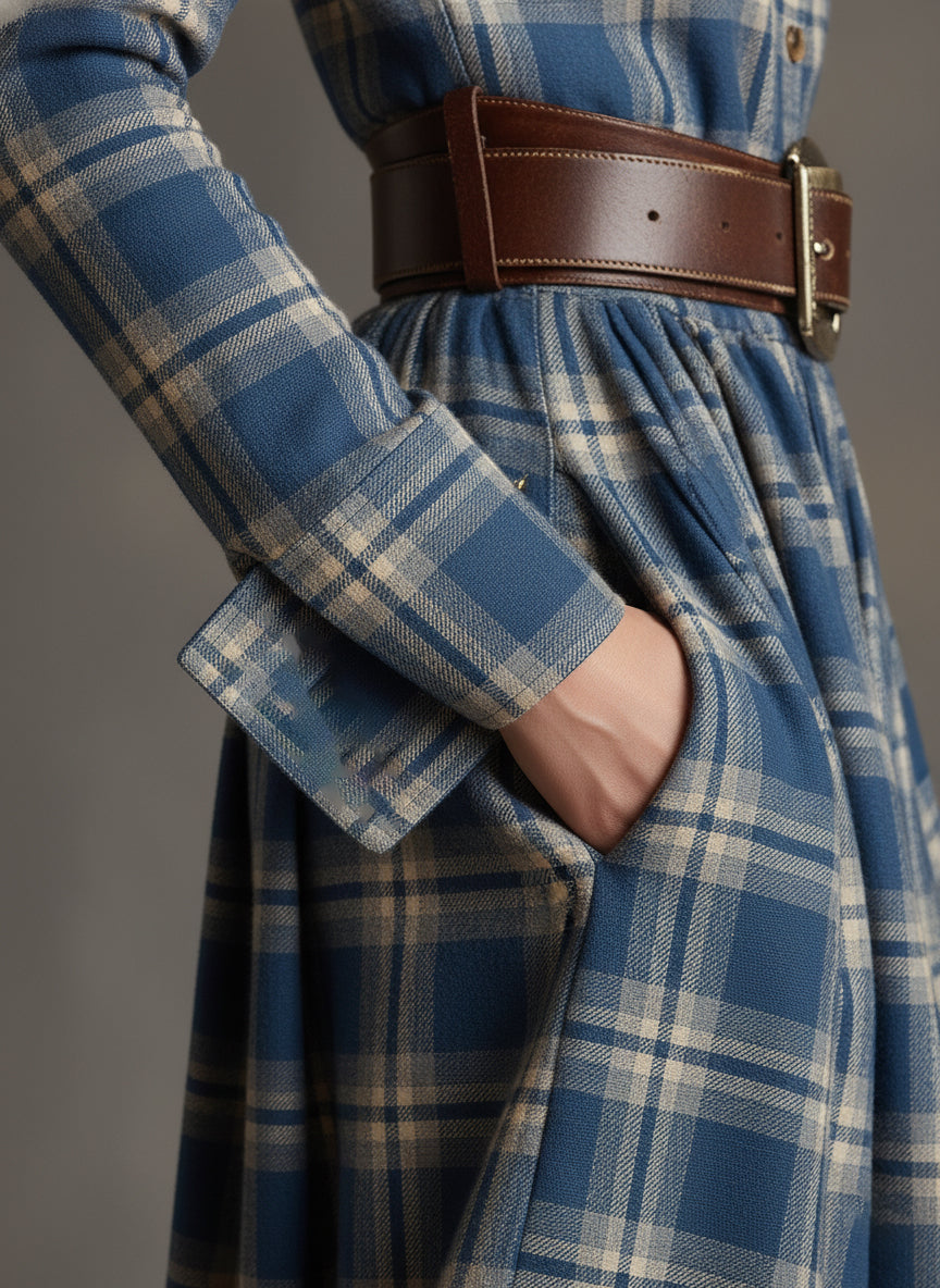 Anke - Maxikleid Western im Retro-Stil aus Leinen kariert mit Kragen
