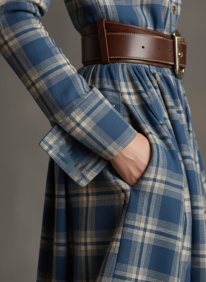 Anke - Maxikleid Western im Retro-Stil aus Leinen kariert mit Kragen