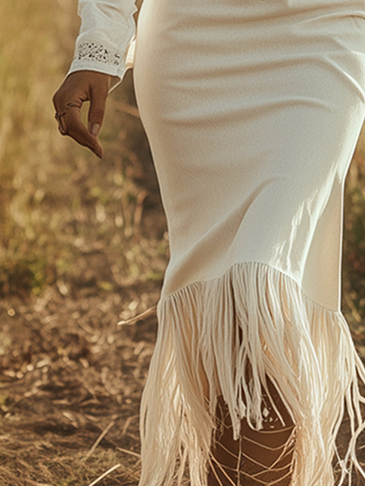 Amalia - Maxikleid Western im Retro-Stil aus Jeansstoff mit Reißverschluss und Fransen