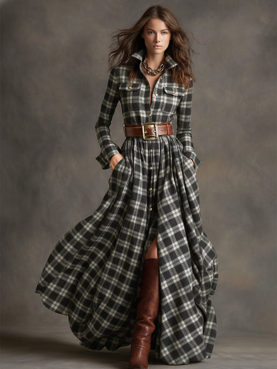 Anke - Maxikleid Western im Retro-Stil aus Leinen kariert mit Kragen