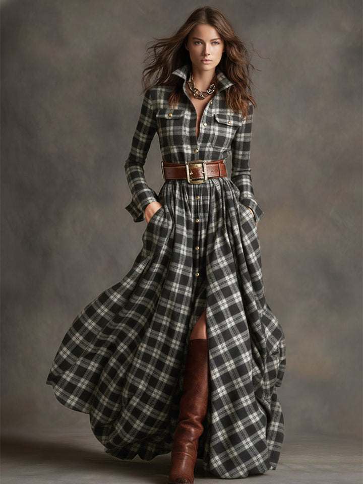 Anke - Maxikleid Western im Retro-Stil aus Leinen kariert mit Kragen