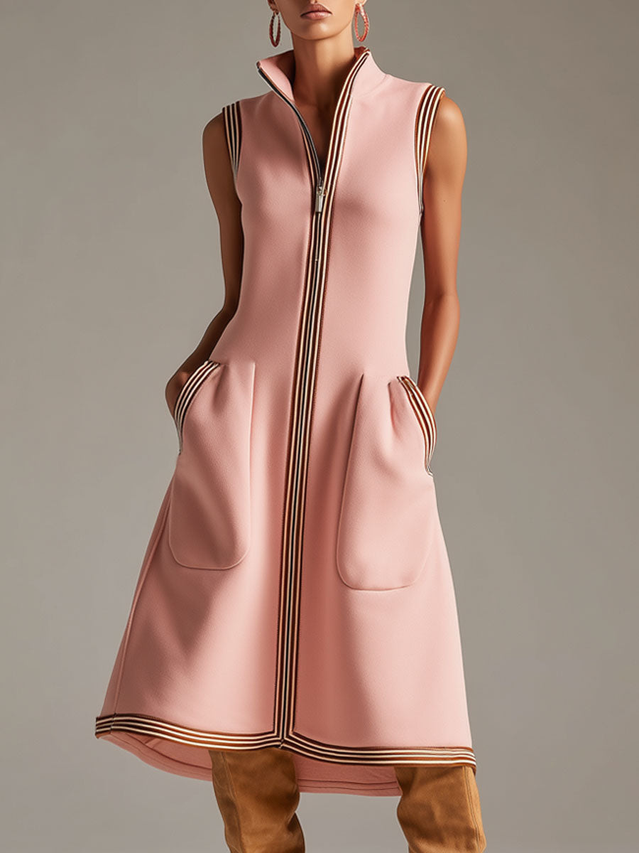Emma - Midikleid Western im Retro-Stil aus technischem Gewebe gestreift mit Kragen ärmellos
