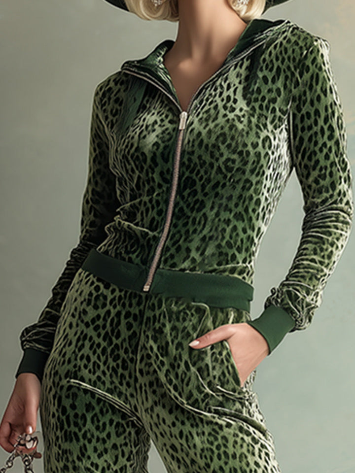 Liya - Overall elegant im Retro-Stil aus Samt Leopardenmuster mit Reißverschluss und Kapuze