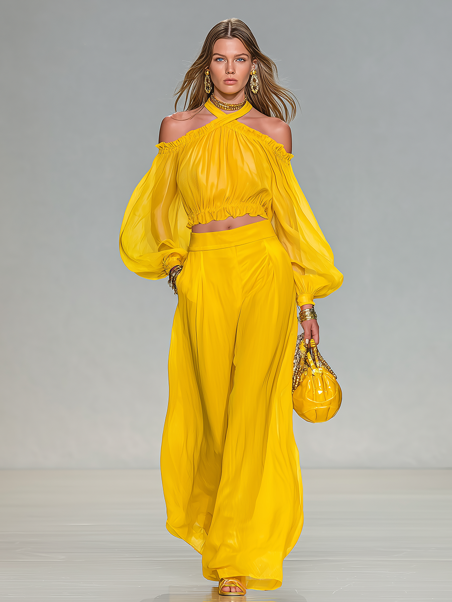 Liv - Elegantes Hosen-Ensemble für den Urlaub aus Chiffon schulterfrei