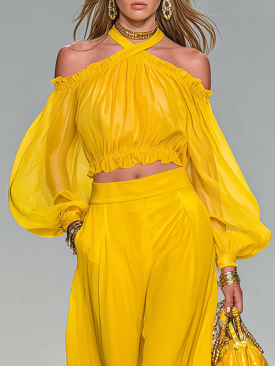 Liv - Elegantes Hosen-Ensemble für den Urlaub aus Chiffon schulterfrei