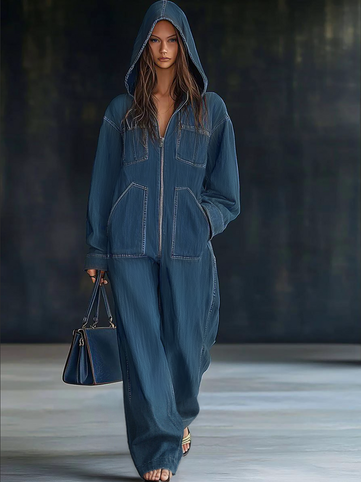 Dorothea - Overall lässig Retro aus Jeansstoff mit Reißverschluss und Kapuze