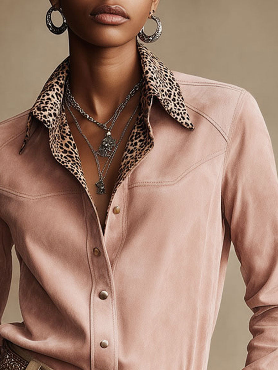 Natalie - Bluse Western im Retro-Stil aus Kunstwildleder Leopardenmuster mit V-Ausschnitt