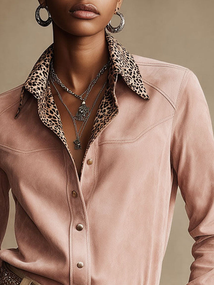 Natalie - Bluse Western im Retro-Stil aus Kunstwildleder Leopardenmuster mit V-Ausschnitt