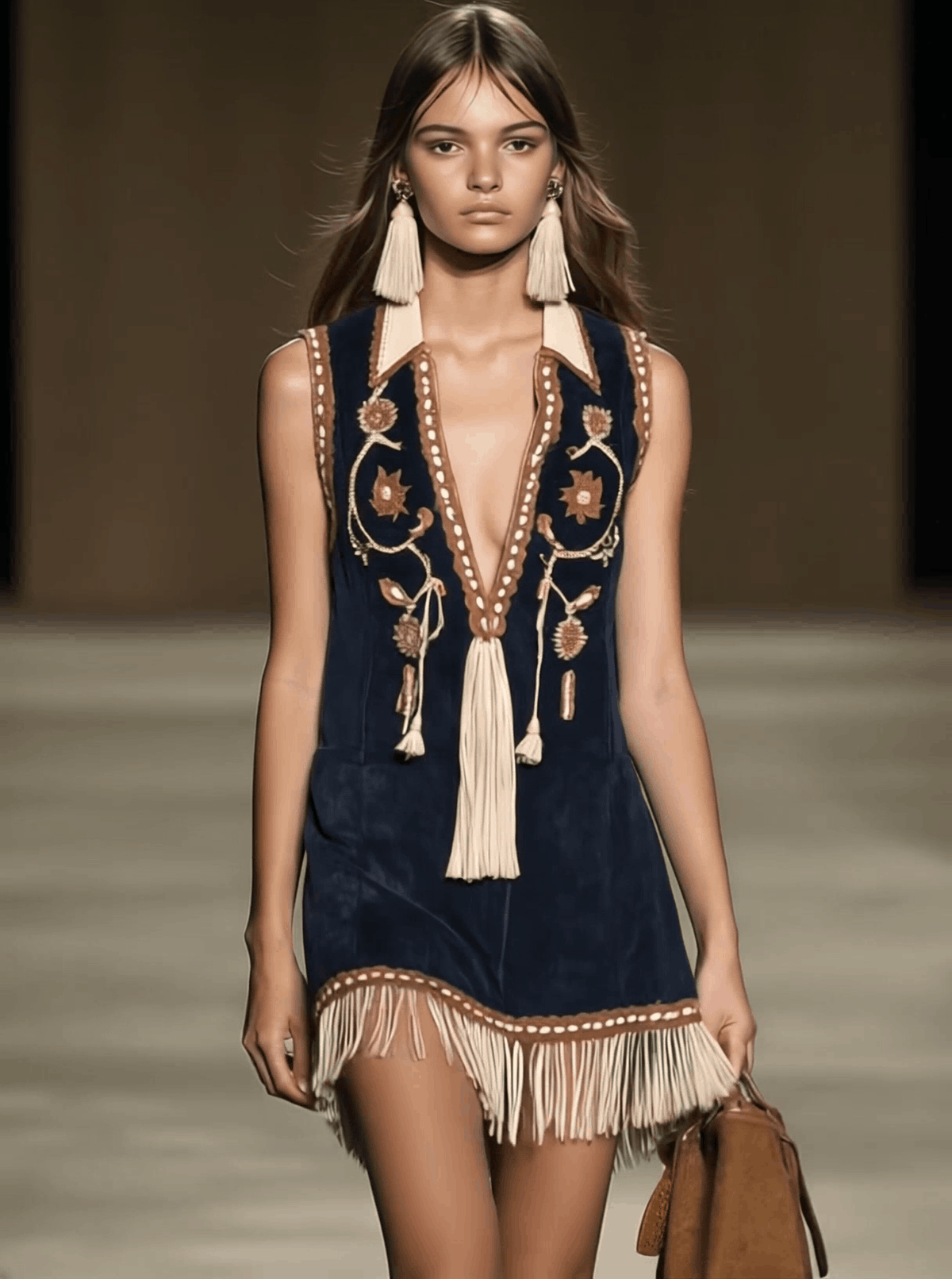 Ela - Minikleid Western im Retro-Stil aus Kunstwildleder Blumenmuster mit Fransen und V-Ausschnitt und ärmellosem Schnitt
