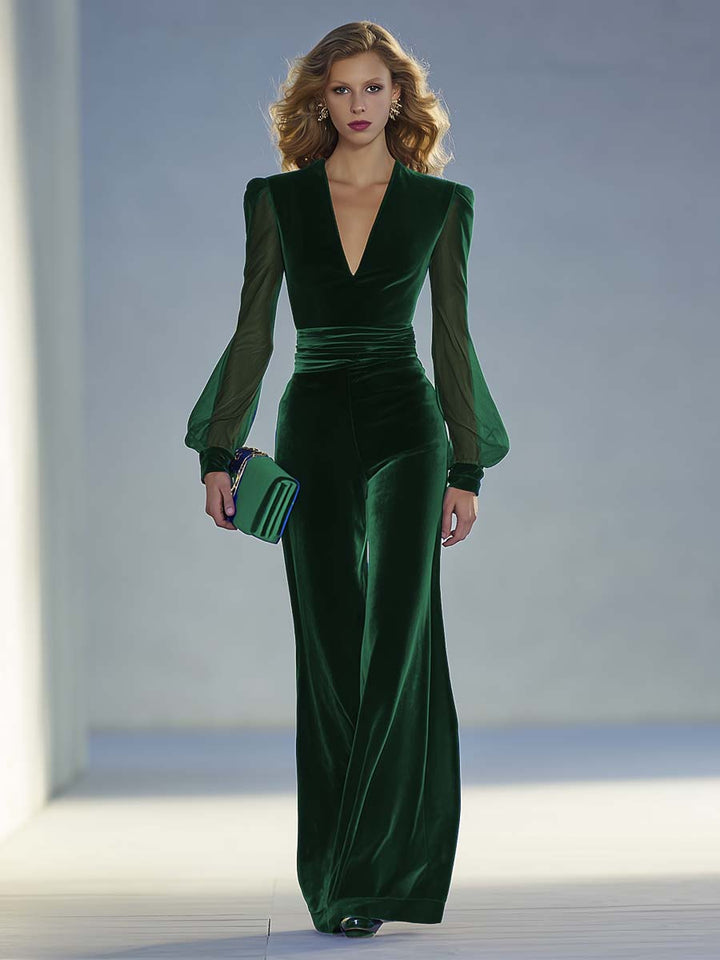 Valentina - Overall elegant im Retro-Stil aus Samt mit V-Ausschnitt und Einsätze durchbrochene Details