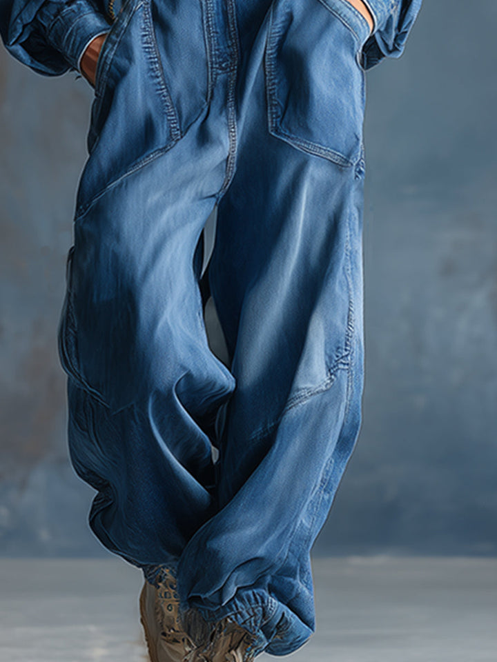 Petra - Overall lässig Retro aus Jeansstoff mit V-Ausschnitt und Kapuze