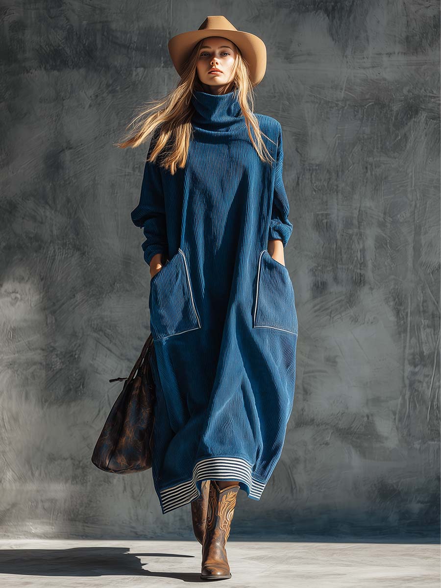 Margit - Midikleid lässig Retro aus technischem Gewebe gestreift mit Kragen und Taschen