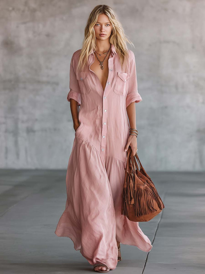 Runa - Maxikleid lässig Retro aus Leinen mit Kragen und V-Ausschnitt