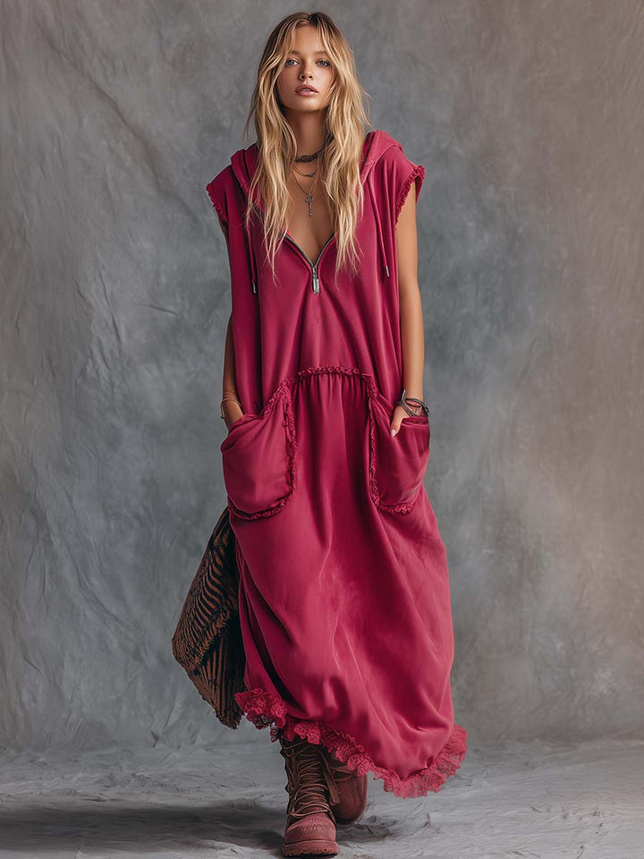 Amelie - Maxikleid lässig Retro aus Leinen mit Reißverschluss und V-Ausschnitt und ärmellosem Schnitt