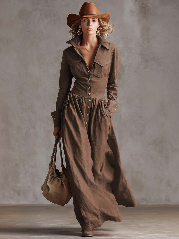 Malea - Maxikleid Western im Retro-Stil aus Leinen mit Kragen und Knöpfen