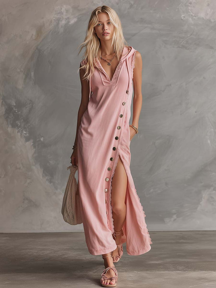 Anneliese - Elegantes Midikleid Retro aus Spitze mit V-Ausschnitt und Kapuze ärmellos