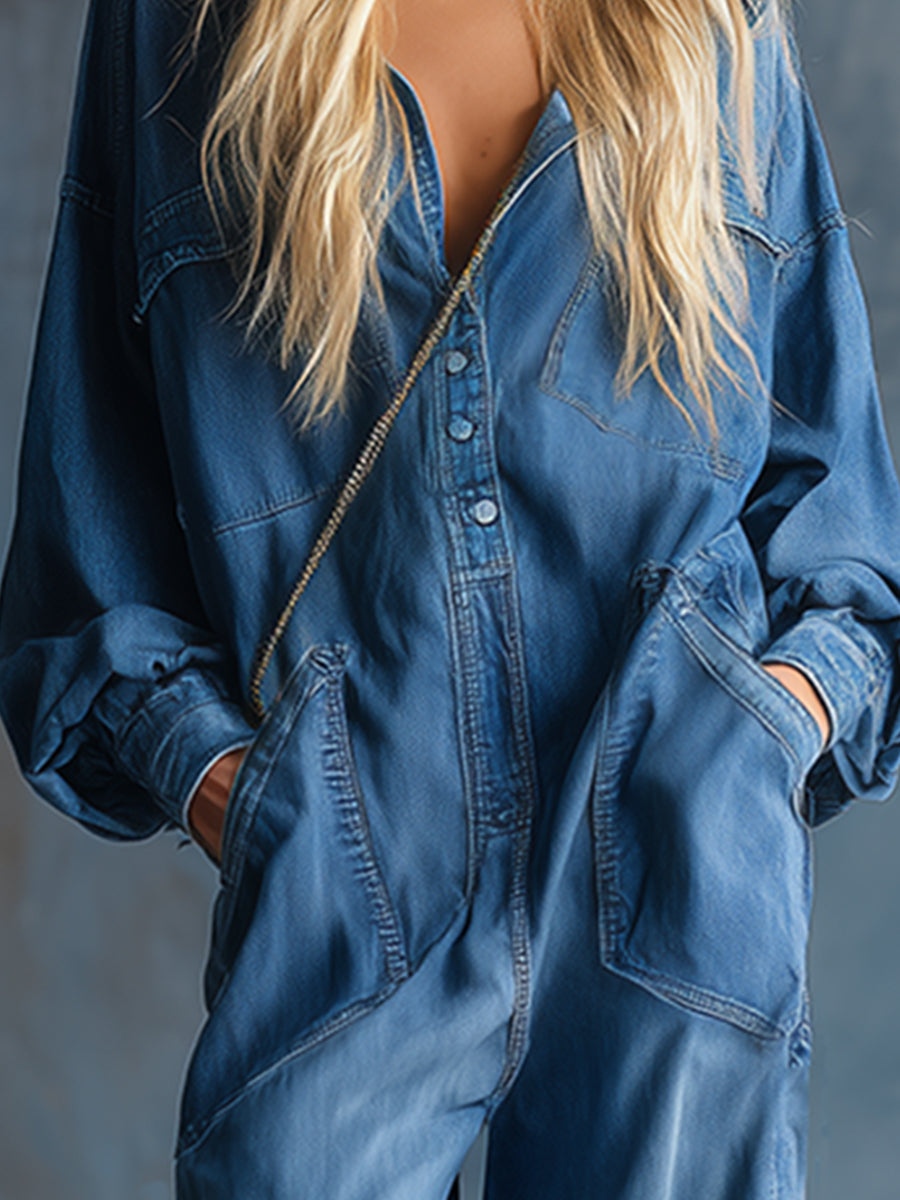 Petra - Overall lässig Retro aus Jeansstoff mit V-Ausschnitt und Kapuze
