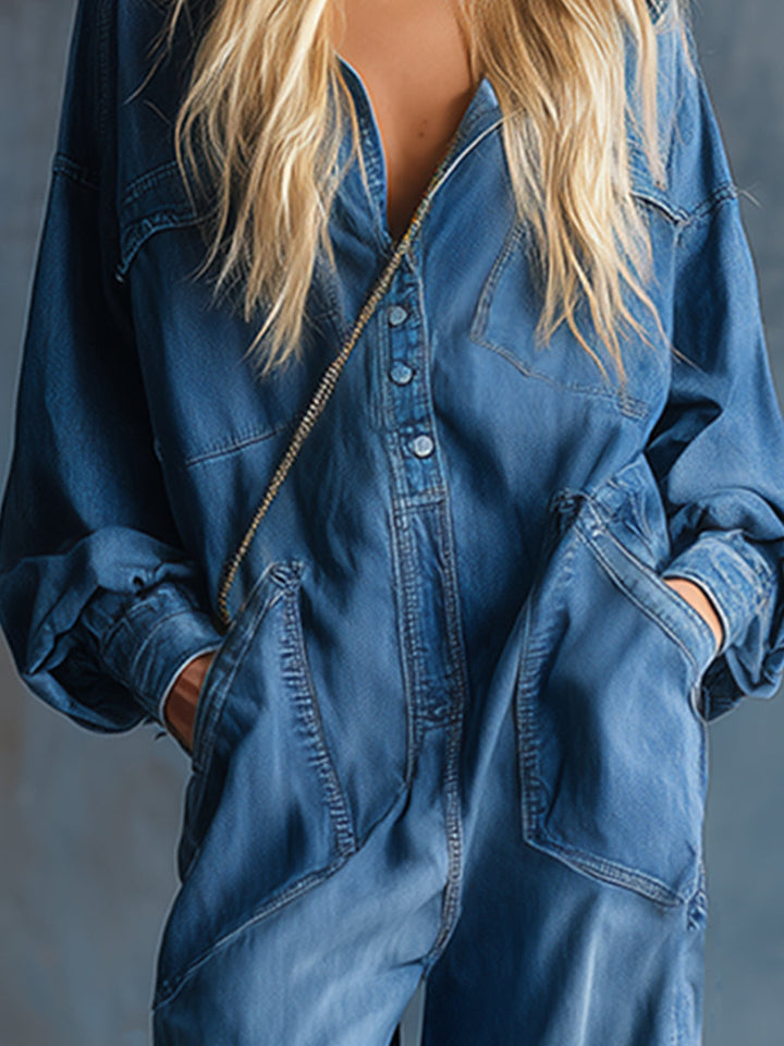 Petra - Overall lässig Retro aus Jeansstoff mit V-Ausschnitt und Kapuze