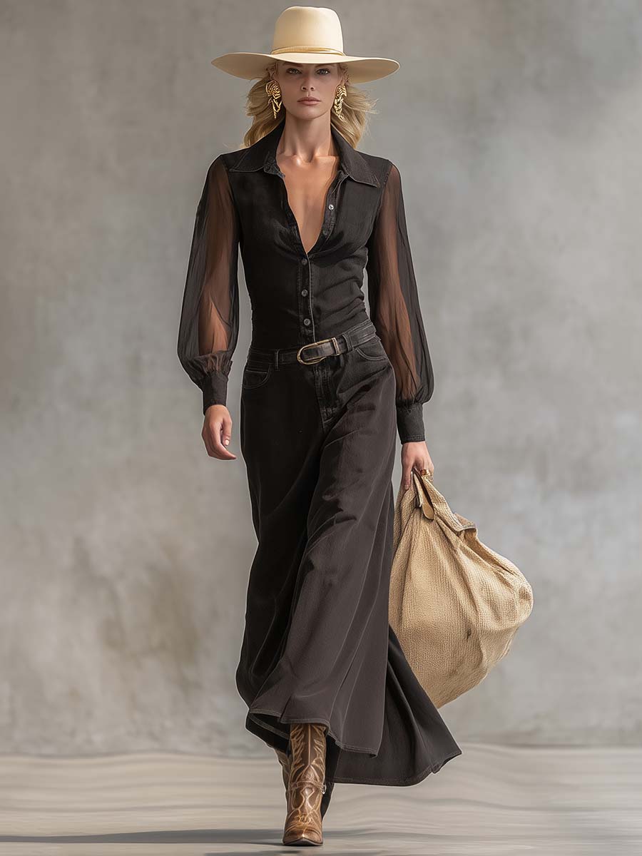 Maura - Maxikleid Western im Retro-Stil aus Jeansstoff mit V-Ausschnitt und Knöpfen