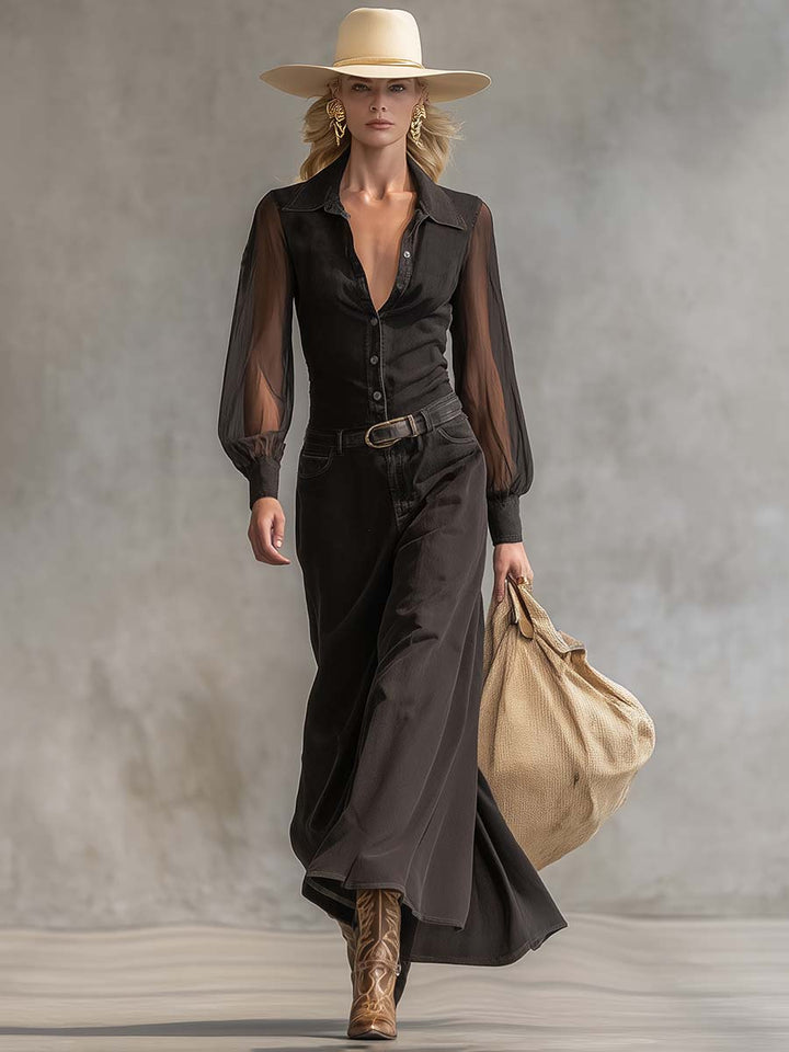 Maura - Maxikleid Western im Retro-Stil aus Jeansstoff mit V-Ausschnitt und Knöpfen