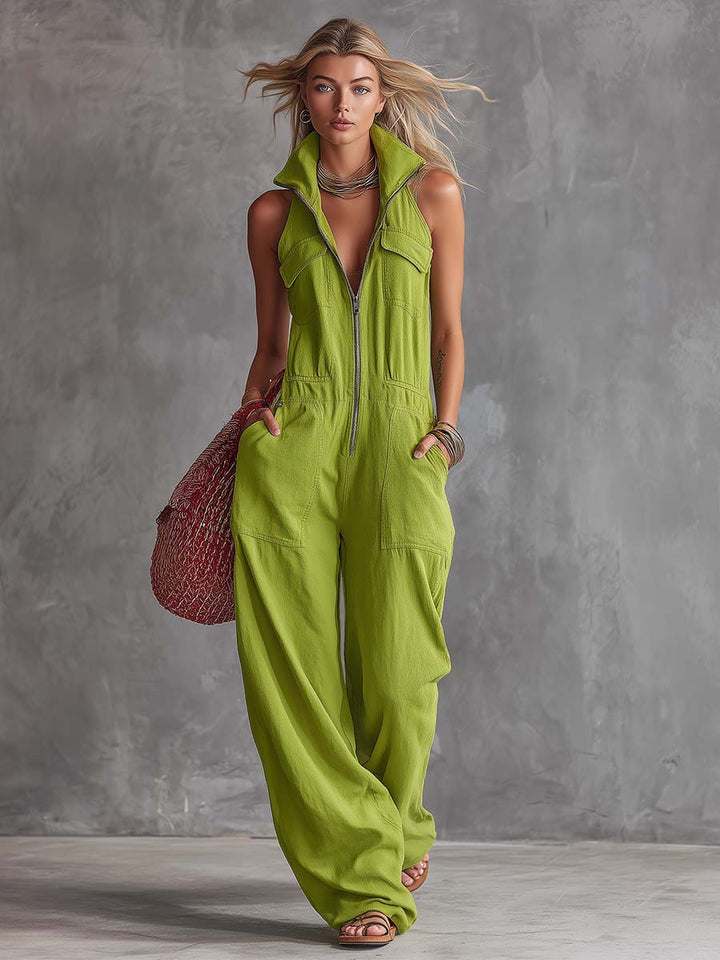 Marita - Overall lässig Retro aus Leinen mit Reißverschluss und Kragen ärmellos